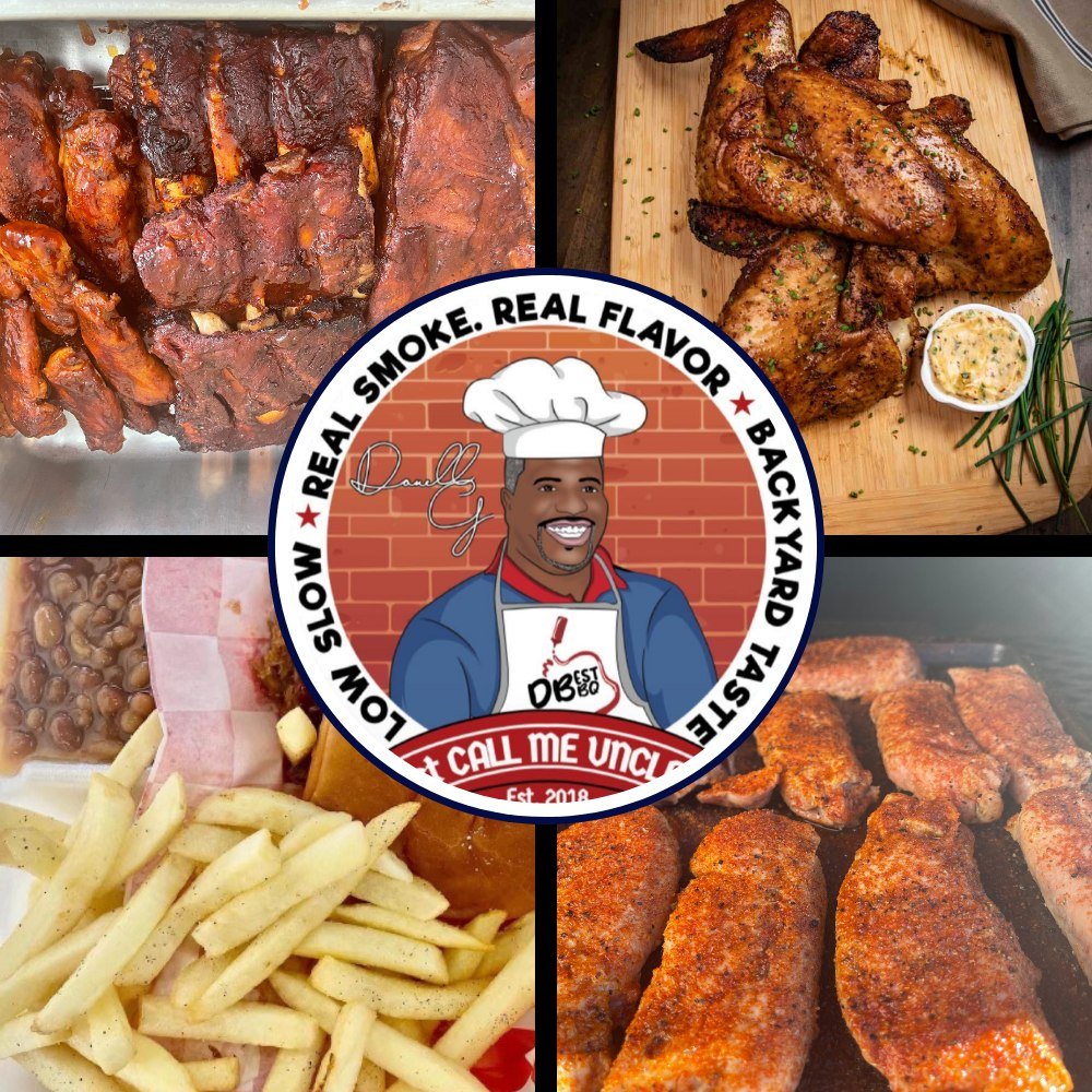D'Best BBQ collage — ribs, turkey wings, and plates around the Uncle D badge